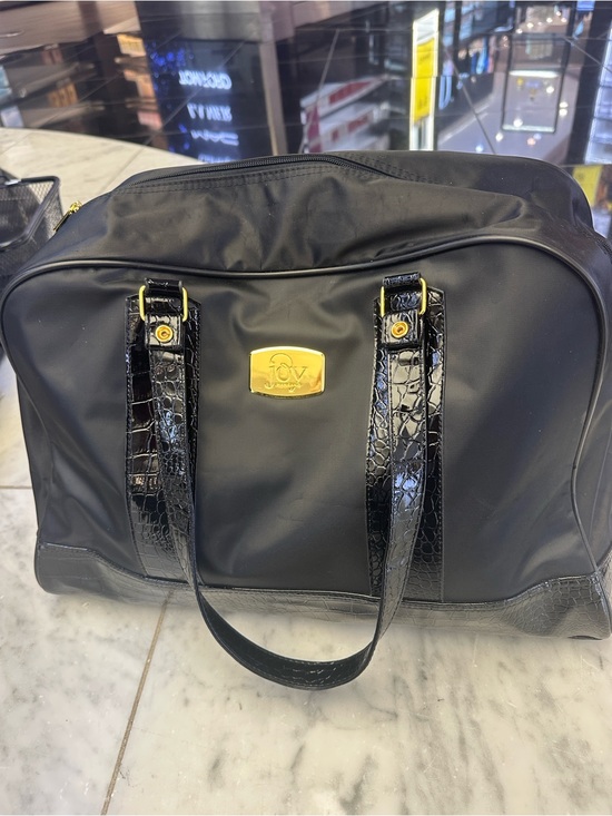 Handbags - Black Designer Travel Tote with Gold Plaque